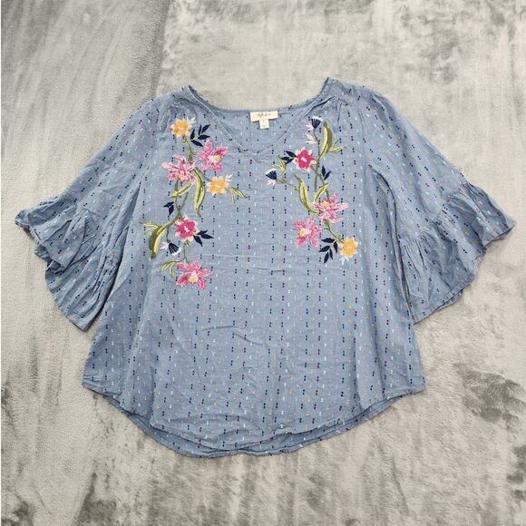 Style&Co Top Womens S Blue Embroider Floral V-Neck Ruffled Sleeve Peasant Boho - Picture 1 of 9